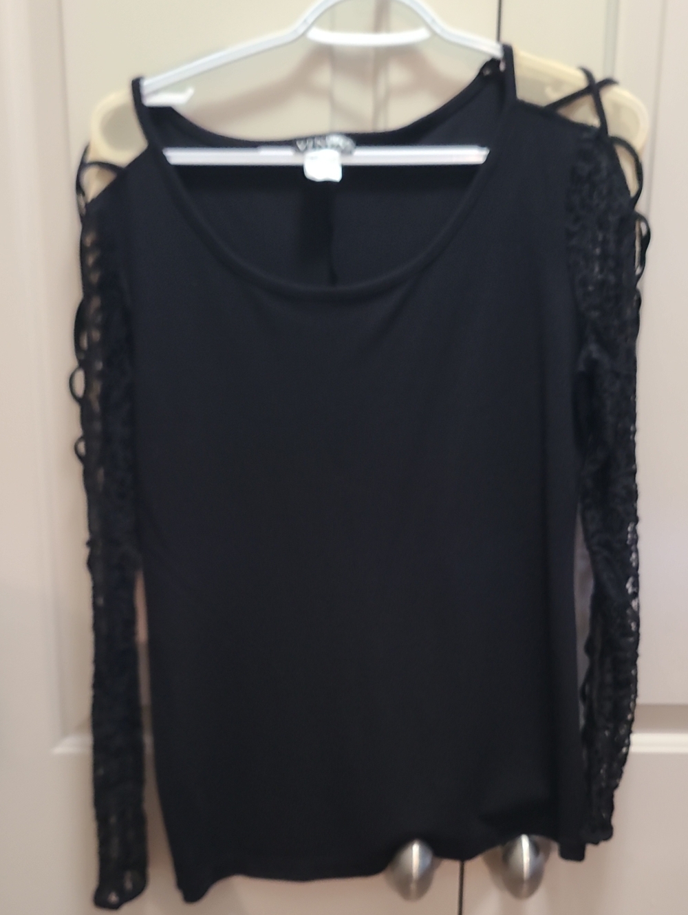 VENUS Black Cold-Shoulder Lace Sleeve Long Sleeve Top
